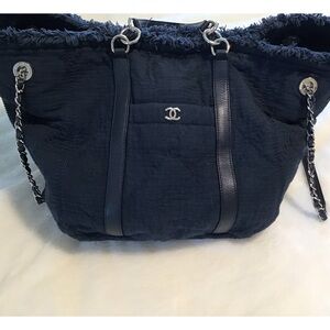 Chanel blue canvas and leather tote bag